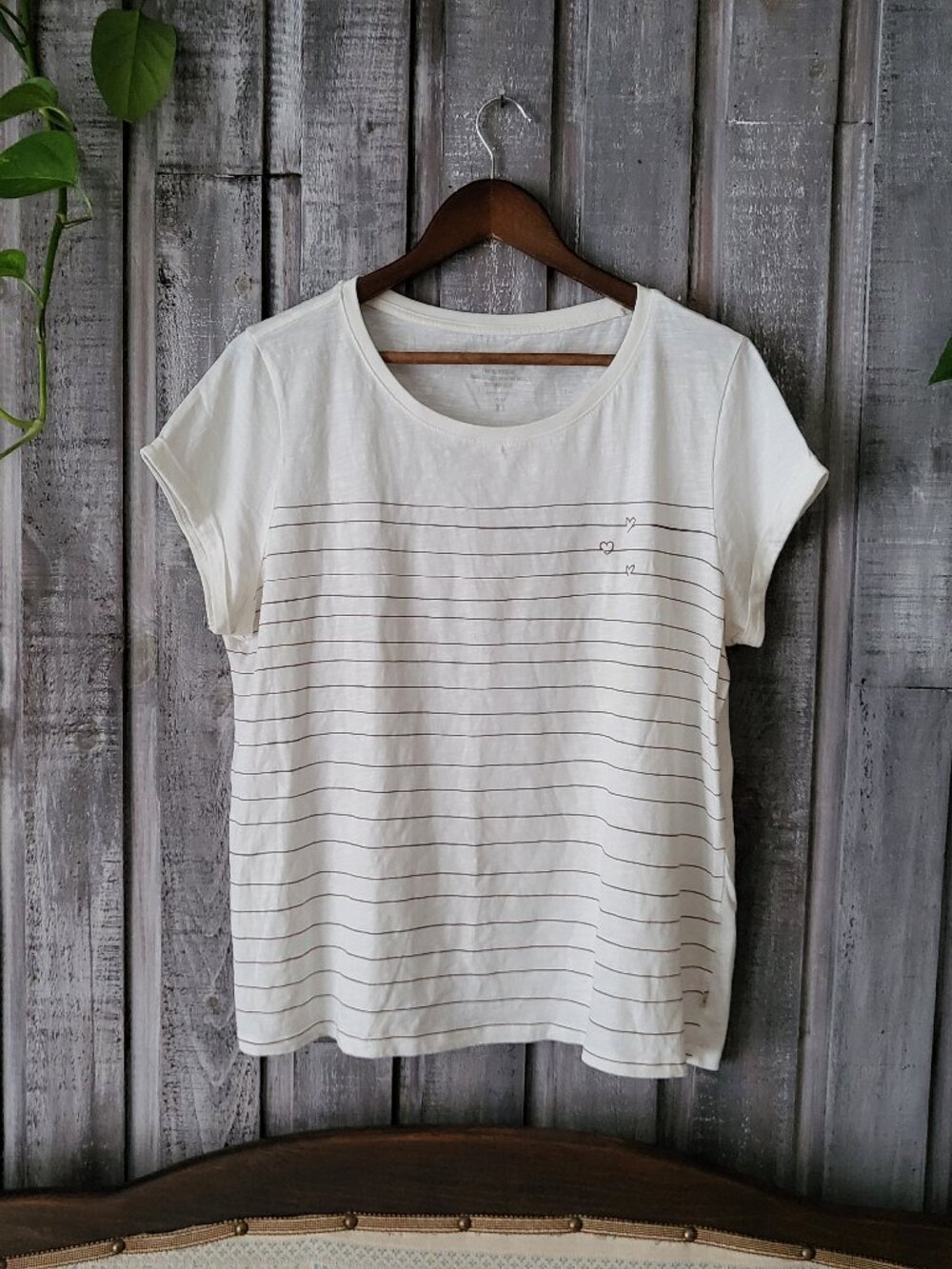 EDC by Esprit Cream Striped Short Sleeve Heart Graphic Tee Shirt Size XL